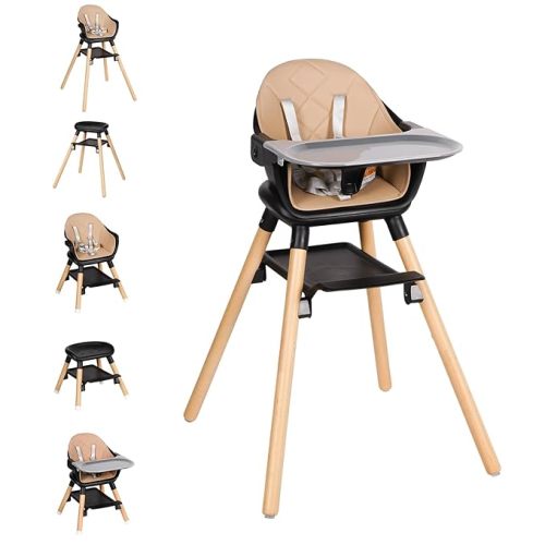 High Chair, 6 in 1 Wooden Convertible High Chairs for Babies and Toddlers, Booster Seat with Double Tray & Reversible Footrest Baby Highchair, 5-Point Harness Baby Feeding Chair, Black