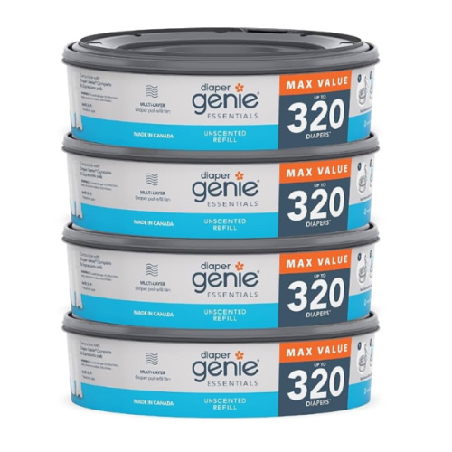 Diaper Genie Essentials Round Refill Pack of 4 | Holds Up to 1280 Newborn Diapers | Features Unscented Continuous Film | Compatible with Diaper Genie Complete and Expressions Pails