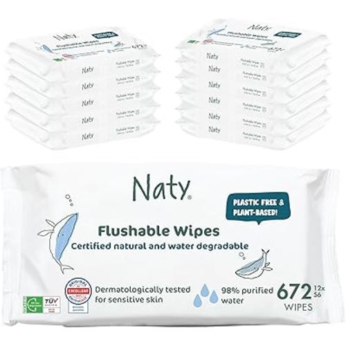 Naty Flushable Baby Wipes | 98% Water, Hypoallergenic & Natural for Sensitive Skin | Unscented, Fragrance-Free, Plant-Based | Plastic-Free, Water-Degradable | Newborn & Toddler | 672 Count (12 Packs)