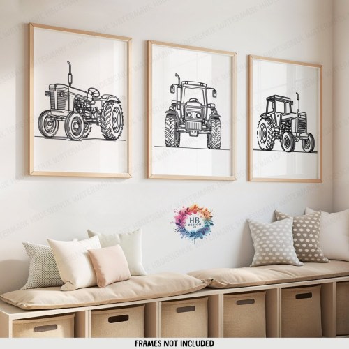 Minimalist Tractor Print Set - 3 Line Drawing Posters | Boys Bedroom Artwork | Farm Wall Art | Tractors Poster | Farmyard Nursery Decor Gift