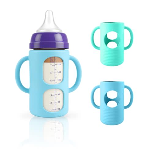 2-Pack Silicone Sleeves for New Lansinoh & Pigeon Glass Baby Bottle 8 oz | BPA-Free Drop-Resistant Baby Bottle Sleeves with Handles, Compatible with New Lansinoh & Pigeon Glass Bottles
