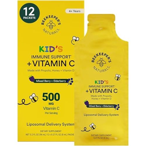 Kid's Immune Liposomal Vitamin C by Beekeeper's Naturals, 500 mg Vitamin C, Elderberry, Vitamin D, Propolis & Honey, Kid-Friendly Immune Support - Mixed Berry Flavor, Easy to Use, Bioavailable, 12 Ct