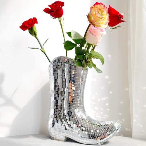 Disco Cowboy Boot Vase, 9.5in Ceramic Mirror Flower Vase | 9.5in (24cm) handmade ceramic cowboy boot vase with disco mirror finish; for fresh/dried flowers; western-modern gift