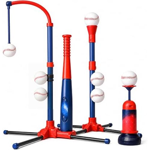 3-in-1 Baseball Set for Kids and Toddlers Ages 3-5 – Includes Tee Ball Stand, Hanging Tee, Automatic Ball Launcher, and 6 Softballs – Adjustable Height for Indoor/Outdoor Play – Sports Gift for Boys
