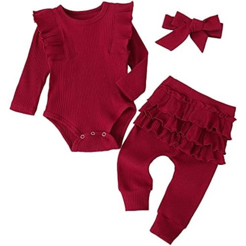 Baby Girl's 3pc Rib Frill Long Sleeve Romper and Pant Set