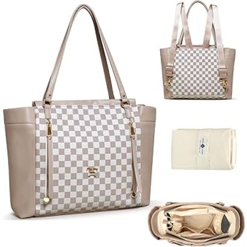 miss fong Checkered Diaper Bag Tote Leather Diaper Bag Backpack, Large Capacity Mommy Bag Hospital Bag, 12 Pockets Travel Diaper Tote with Changing Pad for Mom Plaid Tote Bag for Women-Beige&Honey