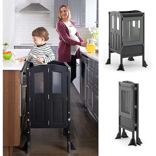 Martha Stewart Kitchen Helper ® Toddler Tower - Charcoal: Kids Folding Wood Kitchen Platform, Adjustable Height Step Stool for Toddlers | Little Kids Learning Furniture