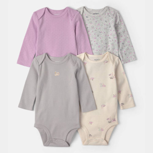 Baby Girl 4-Pack Swan Floral Long-Sleeve Bodysuits - Grey/Purple/Ivory | Carter’s Oshkosh Canada