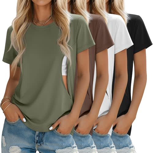 Oakgarden 4 Pack Women's Nursing Breastfeeding Shirts with Zipper Loose Fit Short Sleeve Maternity Top Nursing Clothes