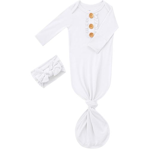 Newborn Baby Girls Knotted Gown Headbands Set Soft Viscose from Bamboo Infant Sleeper Baby Sleep Gown with Mittens