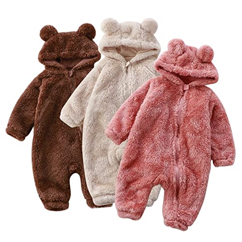 Newborn Baby Snowsuit Fleece One Piece Outfit Warm Hooded Romper for Boys Girls Cute Jumpsuit Zip Up Winter Onesie Teddy Coat