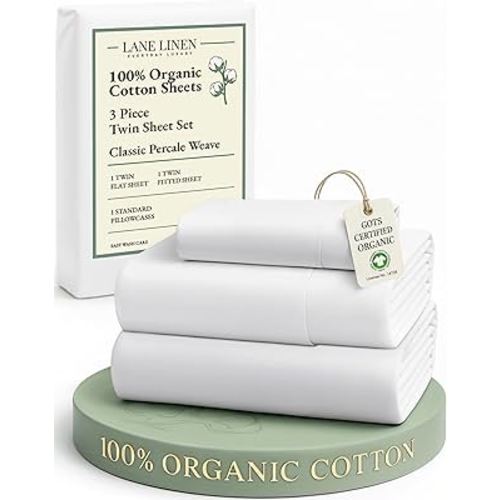 LANE LINEN 100% Organic Cotton Twin Sheets Set, 3Pc Twin Bed Sheets, Soft & Comfy Breathable Cotton Percale Sheets for Twin Size Bed, Dorm Room Essentials Low Pill Fade Resistant White Sheets