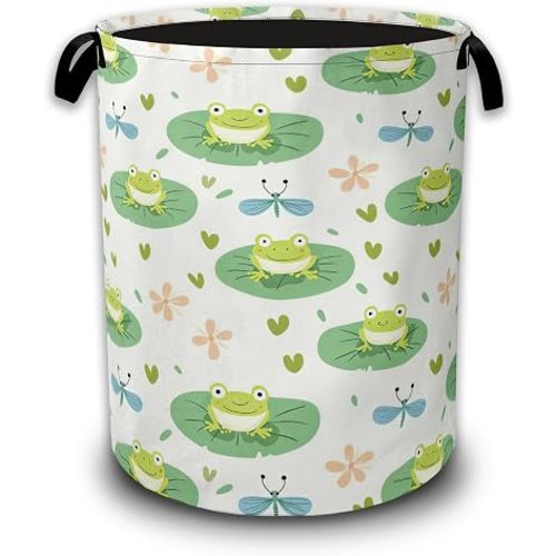 Cute Frog Laundry Basket,Lily Pad Dragonfly Laundry Hamper Waterproof Oxford Cloth Tote Bag,Clothes Storage Bucket Decorative Toy Organizer for Bathroom Bedroom 16" x 20.8"