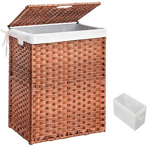 HYCHIKA Laundry Hamper with Lid, 26.4 Gallon (100 L) Wicker Laundry Basket with Removable Bags, Woven Clothes Basket for Bedroom, Bathroom (18.3" * 13.5" * 24")