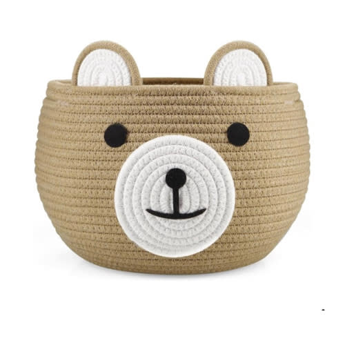 PandaEar Cotton Rope Baby Basket, Baby Gift Basket Nursery Laundry Organizer with Cute Bear Design for Storage Infant Newborn Essentials, Diaper Caddy with Handle (Brown)