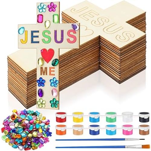 Blueweenly 20 Pcs DIY Wood Cross Crafts for Kids Sunday School Vacation Bible School Supplies Jesus Love Me Religious Christian Craft Kit with Stickers 1 Set Paint Unfinished Cross Gift for Church