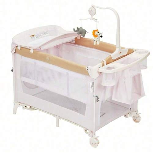 Gaderth Corralito de bebé 4 en 1, cuna portátil de cama con moisés mecedora y cambiador de pañales, parque infantil con colchón, gran corral de juegos para niños pequeños, mesa cambiadora para recién nacidos, bolsillo de almacenamiento y barra de juguetes