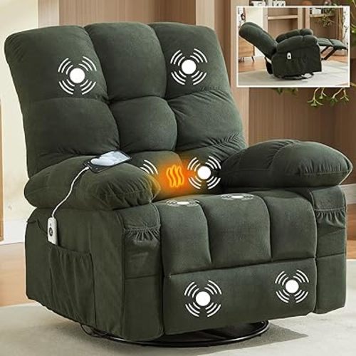 Oversized Recliner Chair & Massage Chair Recliner with Heat,Cozy Lazy Boy Recliners Chairs for Adults, Rocker Recliners Chairs&Manual Reclining with Adjustable Backrest,Pockets (Green)