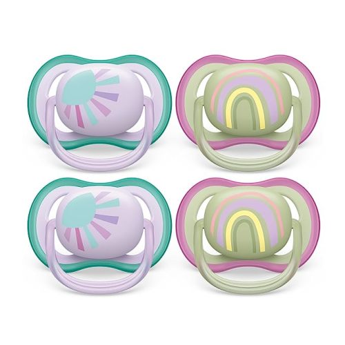Philips Avent Ultra Air Pacifier - 4 x Light, Breathable Baby Pacifiers for Babies Aged 0-6 Months, BPA Free with Sterilizer Carry Case, SCF085/51 - Lilac Sun / Green Rainbow