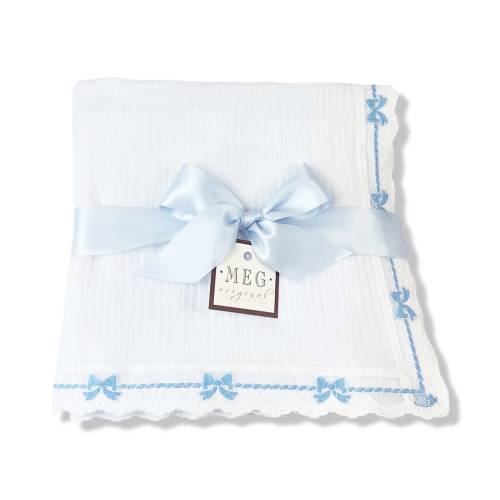 Heirloom Baby Boy Blanket { White & Blue Bows } Cotton Swaddle Blanket with Delicate Blue Bow Trim Finishing