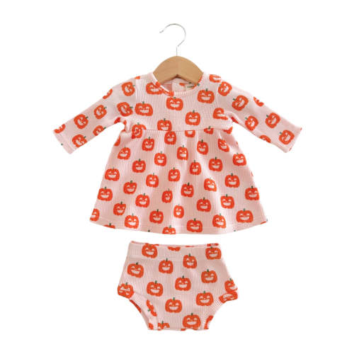 Organic Waffle Simple Dress & Bloomer, Blush Jack-O-Lantern