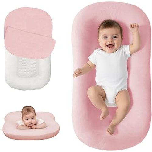 Lucakuins Baby Lounger, Bionic Design Baby Lounger for Newborn 0-24 Months, Soft Organic Cotton Breathable Lounger for Infants (Lovely Pink Lounger)