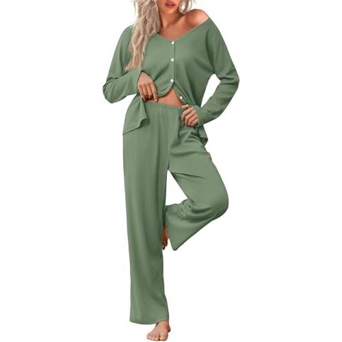Ekouaer Womens Waffle Knit Pajamas Long Sleeve Lounge Set Button Up Pjs Loungewear with Pockets