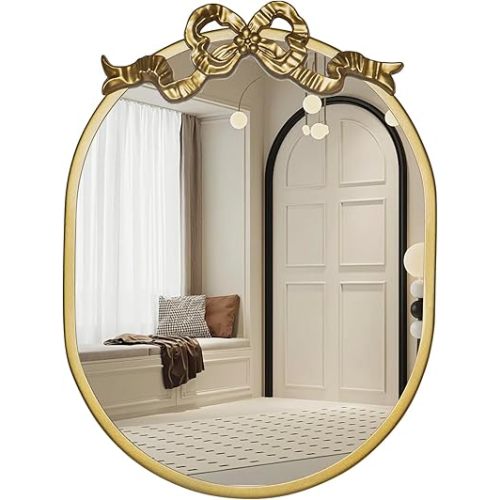 SANY DAYO HOME Wall Hanging 16″ x 12″ Gold Metal Framed Oval Mirror with Decorative Bow, Modern Farmhouse Real Glass Accent Mirror for Vanity, Bathroom, Entryway