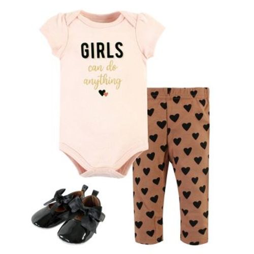 Hudson Baby Infant Girl Cotton Bodysuit, Pant and Shoe Set, Cinnamon Hearts Short Sleeve, 3-6 Months