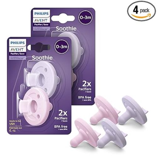Philips Avent Soothie Orthodontic Baby Pacifiers, 100% Silicone Pacifiers, One Piece, BPA-Free, for Babies 0-3 Months, 2 Lilac and 2 Pink, 4 Pack, Model SCF190/70