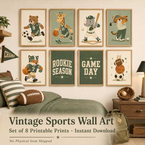 Vintage Sports Animals Nursery Prints, Set of 8 Boys Room Decor (Digital Download)