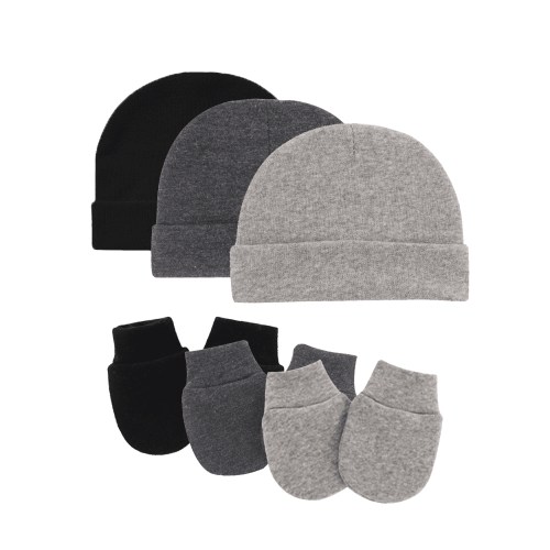 Tisoloow Baby Hats with Scratch Mittens Set Unisex Newborn Hospital Hats for Baby Boys Girls Cute Infant Beanie Caps Cotton Soft Baby Hat 0-6 Months Black&Dark Grey&Light Grey One Size