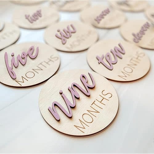 eoscasely Baby Monthly Milestone Markers Disc, Wooden 3D Milestone Cards for Photos, Baby Announcement Sign, 1-12 Months, wooden baby milestone sign (Blush)