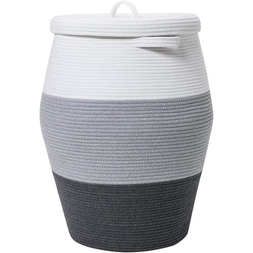 26" x 20" Handcrafted Tall Cotton Rope Basket with Lid, Stylish Flagon Shape with Cover, Clothes Hamper with Top, for Bedroom and Living Room, Grey/Dark Grey