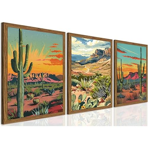 Framed Desert Landscape Wall Art Set of 3, Vintage Mexican Cactus Wall Decor Paintings, Boho Southwestern Mountain Plant Pictures Canvas Prints for Living Room Bedroom Bathroom Office 16x24 inch
