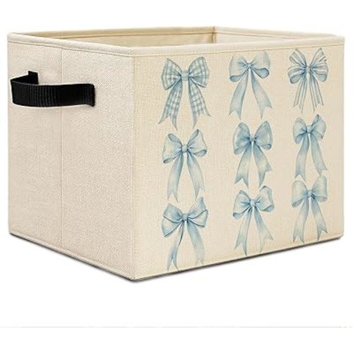 Coquette Blue Bow Storage Bins,Preppy Girly Bow Aesthetic Collapsible Storage Basket Organizer for Girls Bedroom Bathroom Nursery Clothes Toys Books,Toybox for Girls 236STORAGE