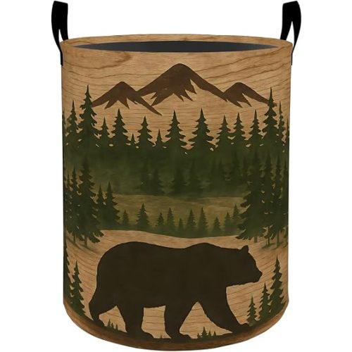 Rustic Bear Forest Laundry Basket Hamper for Boys Girls Kids Adults, Foldable Waterproof Oxford Clothes Storage Bin, Woodland Mountain Bear Organizer for Bedroom Bathroom Room Decor 19.7"x15.7"