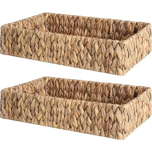 StorageWorks Large Water Hyacinth Tray for Bathroom, Wicker Storage Basket for Shelves, Handwoven Natural Hyacinth Baskets for Organizing, 2-Pack