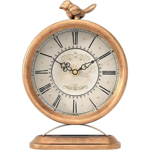 Vintage Table Clock with Bird, European Antique Style Gold Mantel Clocks, Desk and Shelf Decor Clock, for Farmhouse, Bedside, Living Room, Bedroom, Gift (9" H x 6.5" W)
