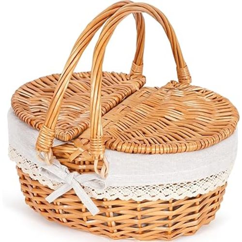 Happypicnic 12" Picnic Basket - Small Wicker Basket with Foldable Handle Lid & Removable Liner | Cute Picnic Basket Toy Empty for Kids, Gift, Halloween, Christmas, Valentines, Easter, Birthday, Solid
