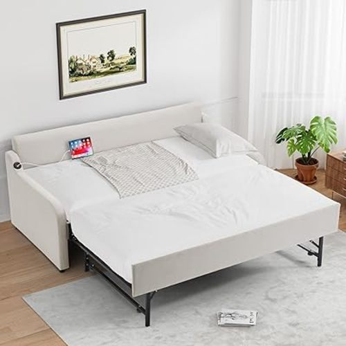 Rophefx Twin Daybed with Pop-Up Trundle, USB, Twin-to-King, Linen Beige