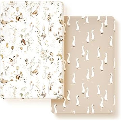 Stretchy Ultra Soft Jersey Knit Fitted Pack n Play Sheets 2 Pack, Portable/Mini Crib Sheets for Boys and Girls, Universal Fit for Pack N Plays Safe and Snug, Happy Farty