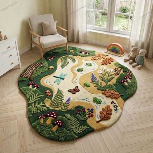 Hand Tufted Forest Kids Rug, Nature Play Rug with River & Animals, Wool Nursery