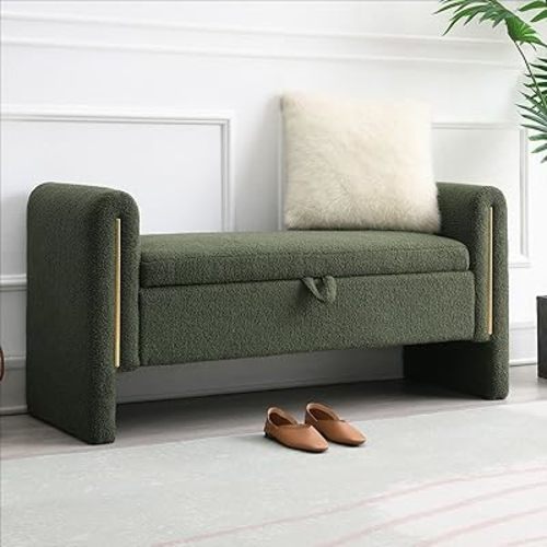 Modern 52" Storage Ottoman Bench, Upholstered End of Bed Storage Bench with Armrests, Entryway Bench, Teddy Foot Rest Stool for Living Room Hallway Bedroom (Green)