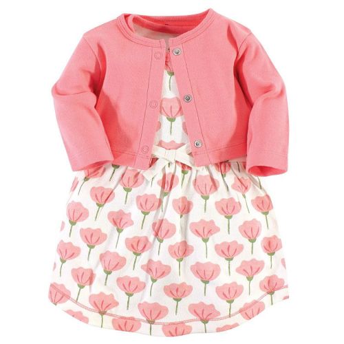 Touched by Nature Baby and Toddler Girl Organic Cotton Dress and Cardigan 2pc Set, Tulip, 6-9 Months