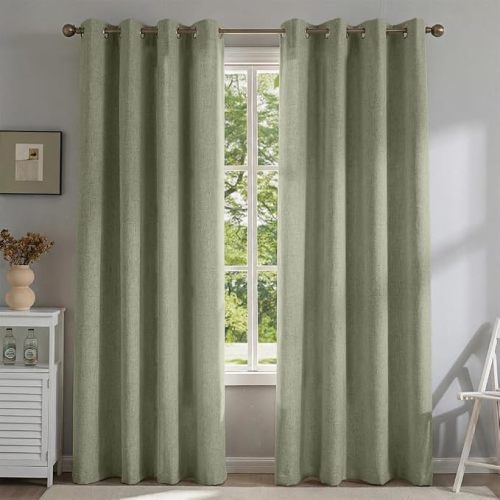 PFAS Free SageGreen Linen Curtains 63 inch Length 2 Panels Set Burg 100% Blackout Long Drapes for Bedroom Living Room Blackout Darkening Curtain Thermal Insulated (52x63 inch,SageGreen)