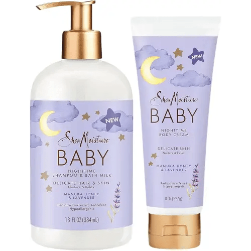 Shea Moisture Baby Care Set – Relaxing Nighttime Shampoo & Bath Milk + Nighttime Body Cream for Delicate Skin, Manuka Honey & Lavender (2 Piece Set)