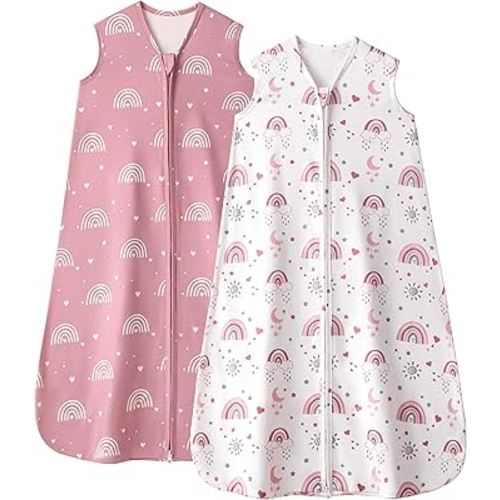 Baby Sleep Sack 0-6 Months, 0.5 TOG Wearable Blanket for Baby Boy and Girl, 2-Way Zipper Newborn and Infant Sleeping Bag 2 Pack, Lightweight Sleep Sacks Pink Rainbow（Small）