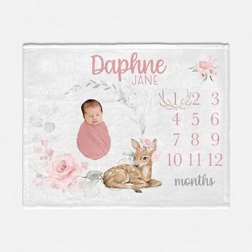 Floral Deer Milestone Baby Blanket, Fawn Baby Deer Milestone Blanket, Girl Woodland Babys Blankets, Floral Doe Blankets, Bambi Blanket's for Baby's, Pink Baby's Blanket's Pink