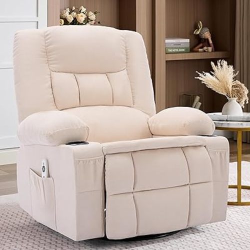 Oversized Swivel Rocker Recliner Chair with Massage & Heat,Nursery Rocking Chairs for Living Room,Ergonomic Relining Chair with Cup Holders,USB Charge Port,Side Pockets,Recliner Chair for Adults,Beige